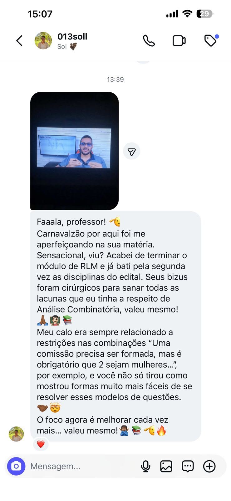 Print de mensagem de aluno sobre as aulas de RLM