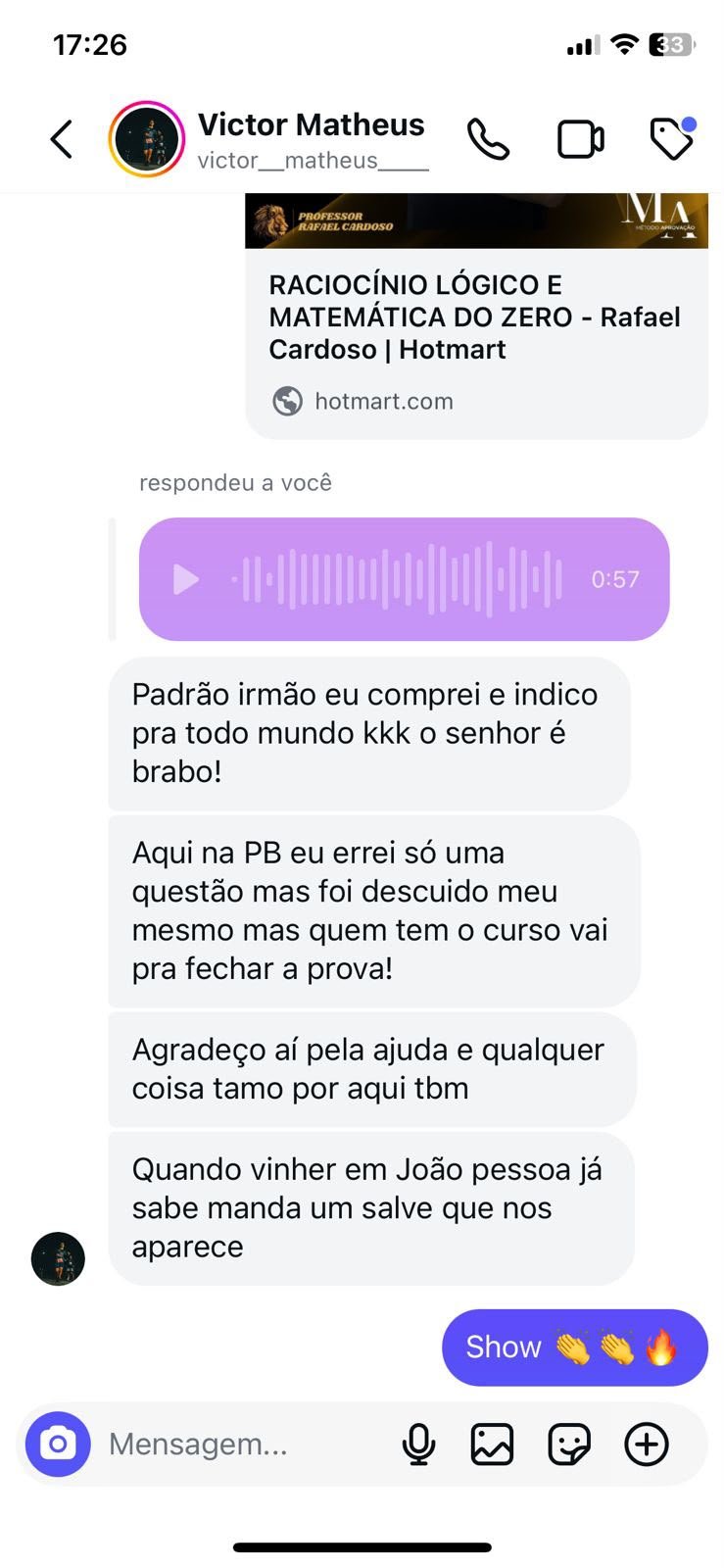 Print de mensagem de aluno da Paraíba